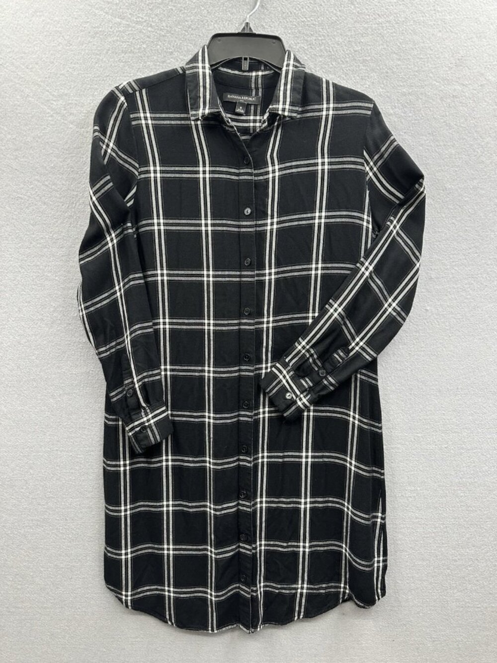 Banana Republic Shirt Dress 8 Black Plaid Flannel Long Sleeve Casual Midi Gown